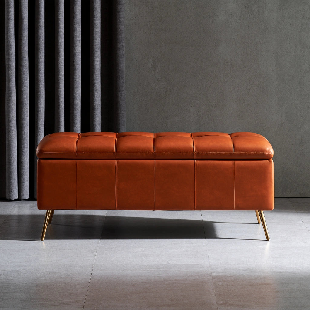 Panca contenitore in pelle, colore arancione