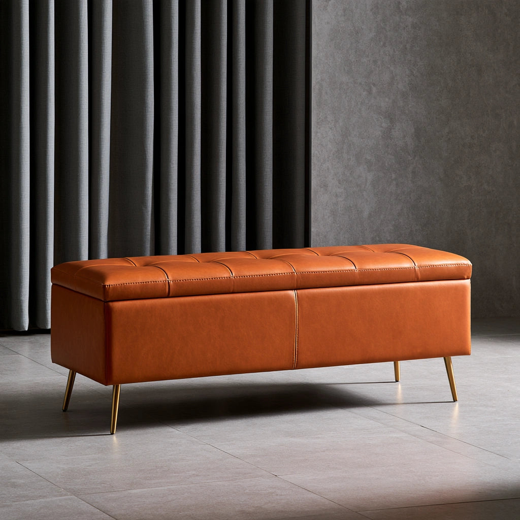 Panca contenitore in pelle, colore arancione